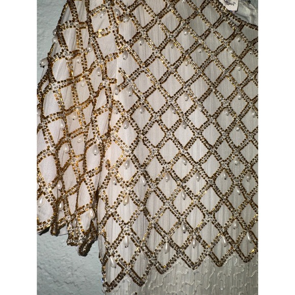 Laurence Kazar Beaded Pearl Sequin Cocktail Dress Ivory Short Sleeve Evening M - Picture 5 of 7